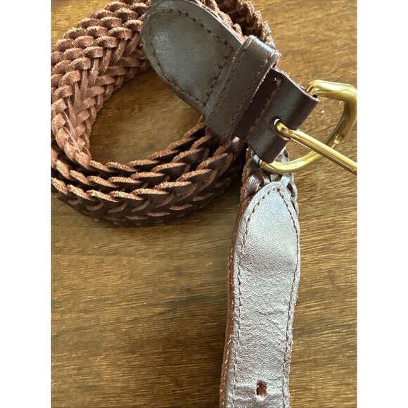 Mens Size 48 Brown Leather Woven Braided Brass Buckle Belt Adjustable Big Man - Picture 2 of 3